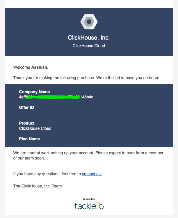 GCP Marketplace confirmation email